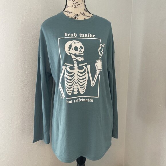 “Dead Inside But Caffeinated” Green Funny Skeleton Coffee Shirt: Mens XS (V6) - Picture 1 of 8